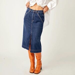 We The Free Denim Midi Skirt with Front Slit Wild Roses Midi